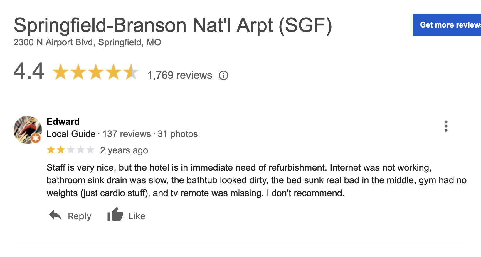 Image of airport review in which the reviewer actually reviews their hotel
